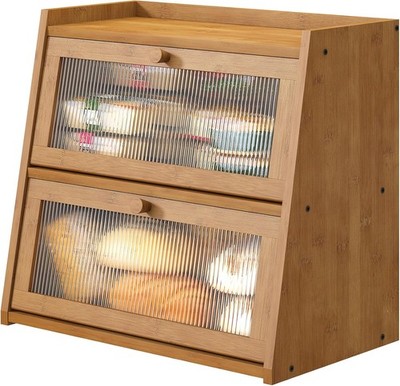 Extra Large Bread Box Double Layer for Kitchen Counter Bamboo Wood Capacity