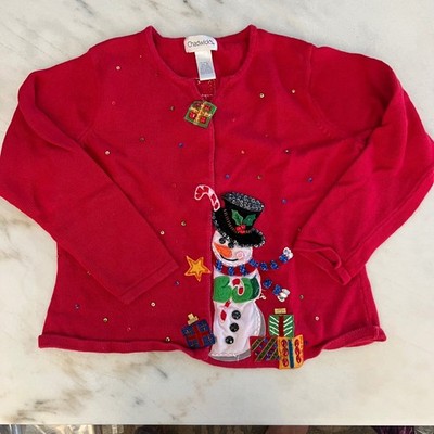 Chadwicks Red Snowman Sequin Beaded Ugly Christmas Sweater Cardigan Womens M