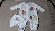 JoJo Maman Bebe Newborn 100% cotton babygrow with hat. Peter Rabbit. Embroidered
