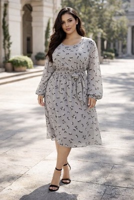 Anne Klein Dress Gray Black Floral XL Extra Large Long Sleeve Blouson Flowy  | eBay