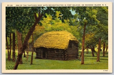 Fort Raleigh Roanoke Island NC Thatched Hut Lost Colony Vintage Postcard BB27