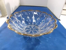 Vintage Jeanette Glass Bowl Clear Thumbprint Gold Trim 9"