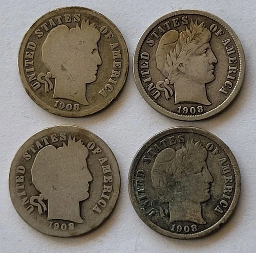 Lot Of Four 1908 Silver Barber Dimes