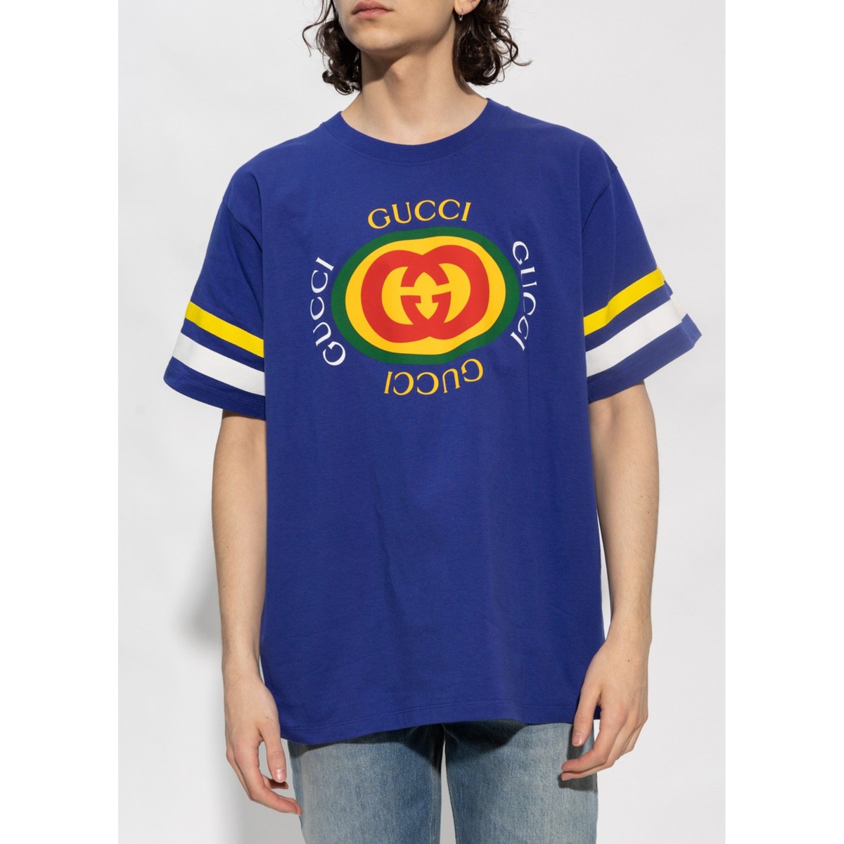 Gucci Tシャツ GUCCI T-SHIRT BLUE COTTON JERSEY LOGO PRINT TOP SHORT SLEEVE $850