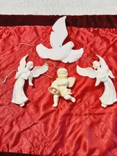 Set of 4 Vintage Iridescent Angels Christmas Ornaments Acrylic Dove 