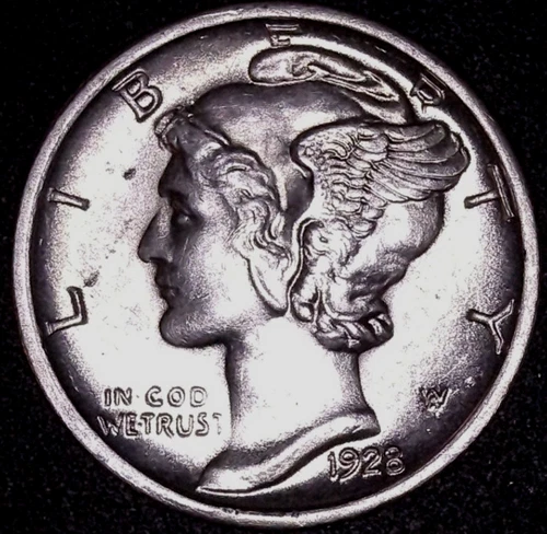 1928-D MERCURY DIME 10C , AU/MS SCRATCHED