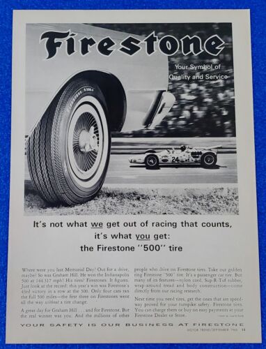 1966 FIRESTONE INDY 500 RACE TIRES PRINT AD GRAHAM HILL WINS ON FIRESTONE TIRES