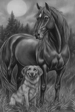 Black Horse and Dog Landscape Full Moon Animal Portrait Poster Repro FREE S/H