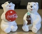 Vintage Gibson Coca Cola Ceramic Polar Bear Cubs Salt & Pepper Shakers - 4" Set