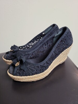 TORY BURCH Women's Wedge Sandals Espadrilles Black Floral Fish Mouth.Size  9.5B | eBay UK