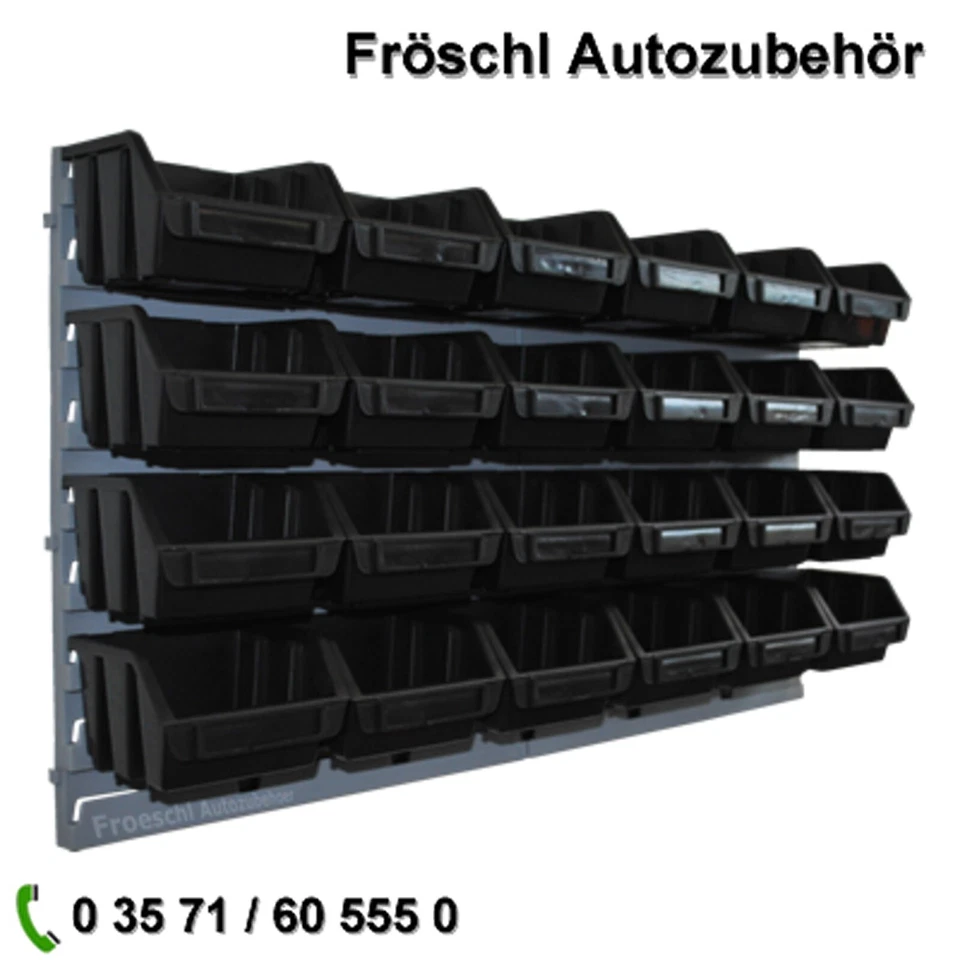 24x schwarze Stapelkiste Plastikbox Schüttenregal Sichtlagerbox Wandhalter a*