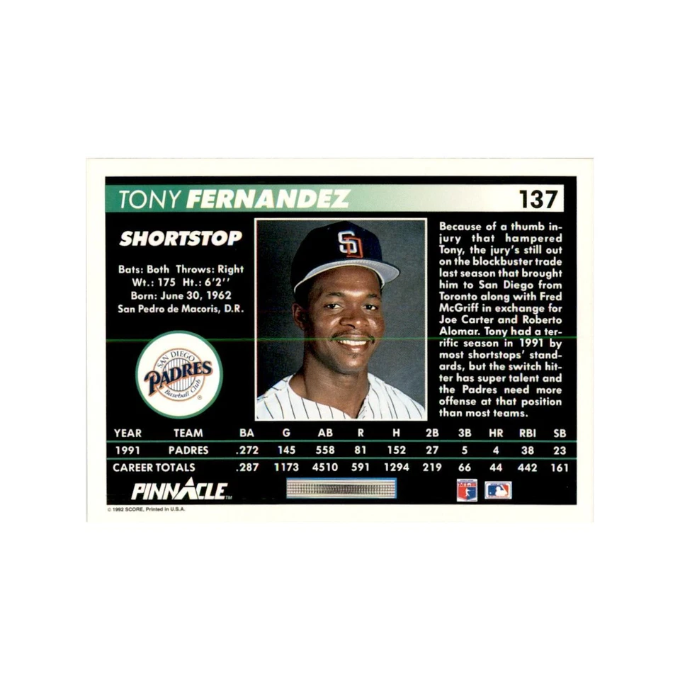 1992 Pinnacle Tony Fernandez Baseball Cards #137 - Image 2 of 3