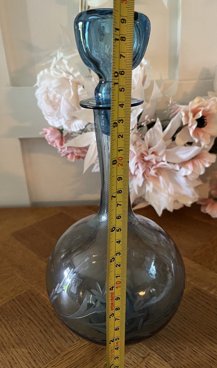 Vintage Mcm 1960 1970 Blue Etched Flower Wheat Glass Wine Decanter