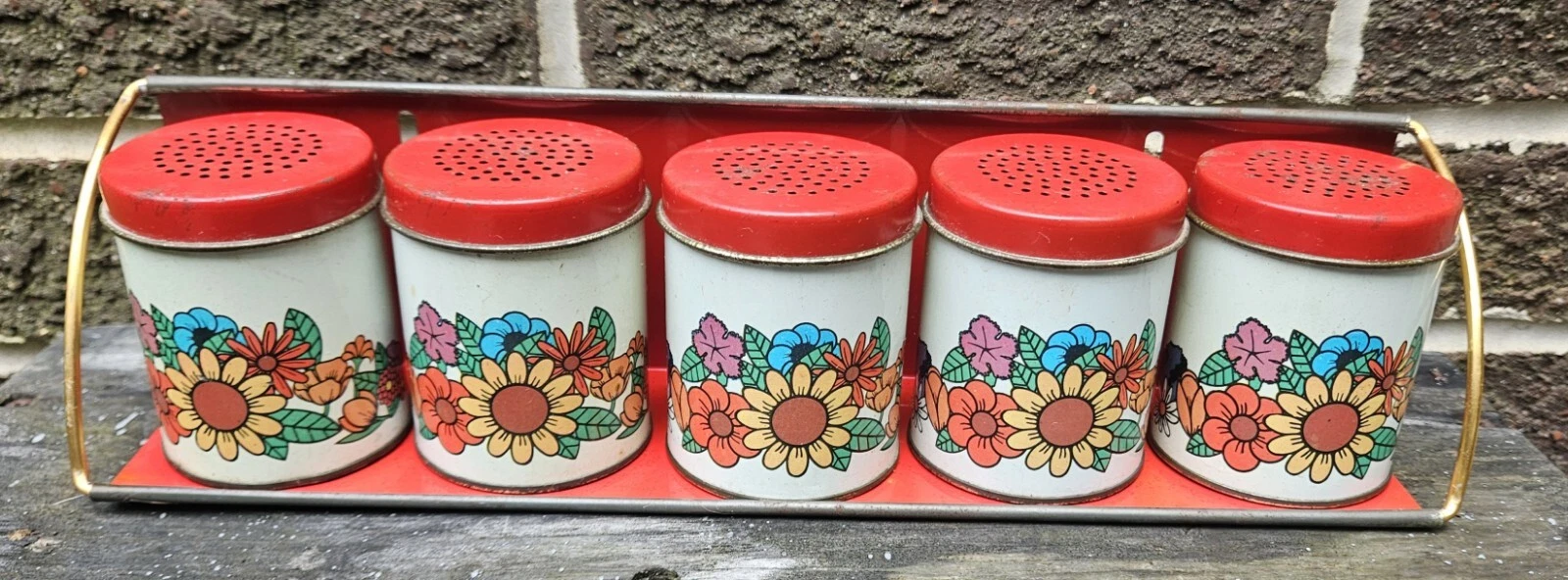 5 Vintage Tin Metal Floral Salt, Pepper, Spice Shakers With Wall Shelf Rack