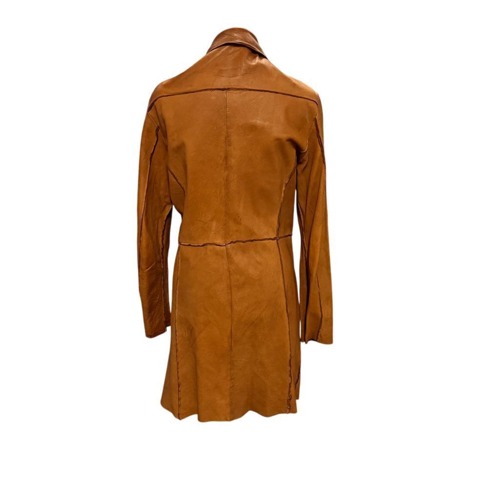 Blur Vintage Tan Leather Long Coat Button Front Collared Trench Style Outerwear image 4