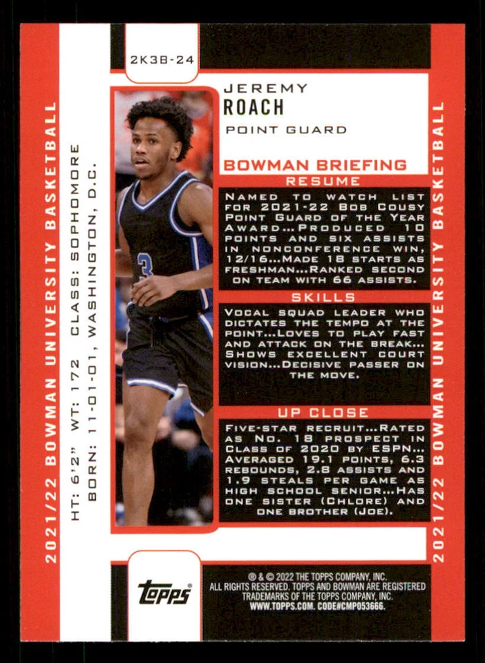 2021-22 Bowman University '03 Bowman #2K3B24 Jeremy Roach - Image 2 of 2