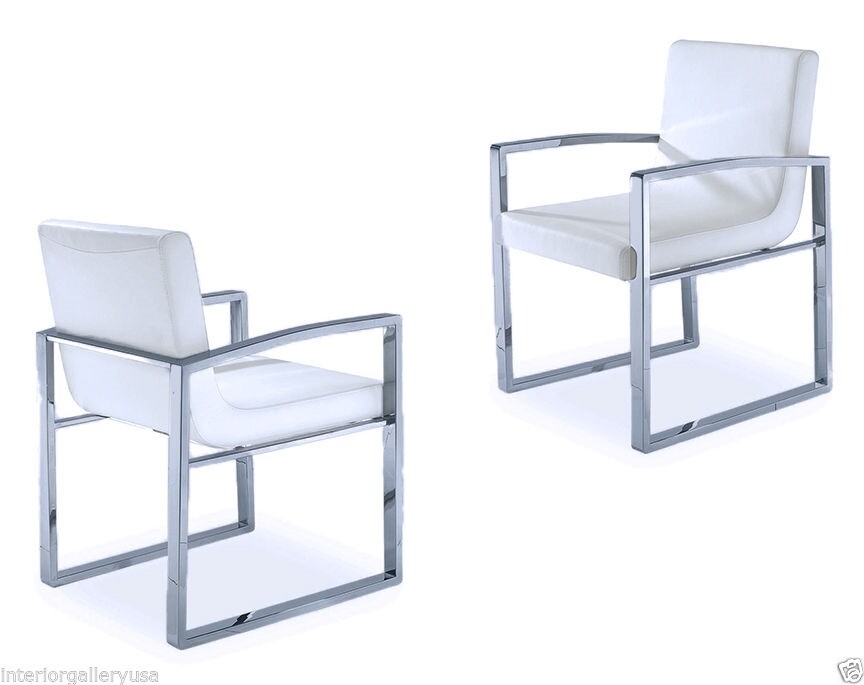 - Modern Dining Room Arm Chair - Polished Chrome - White Chair - Troia