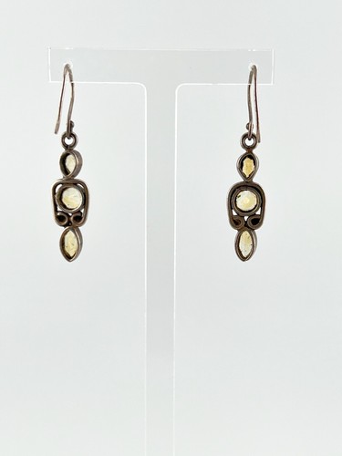 Vintage Silver Citrine Earrings 925 Sterling Triple Gemstone Dangle Pierced - Picture 10 of 18