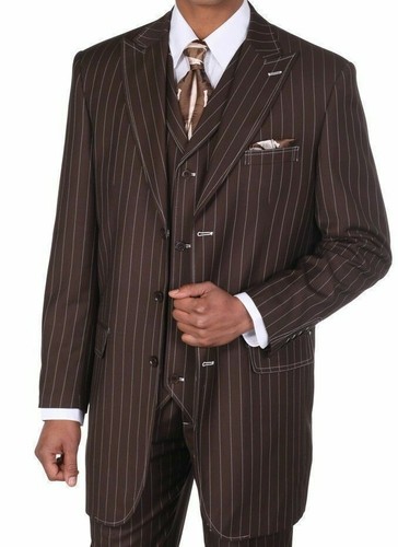 New Men's Classic Pinstriped Suit With Vest Brown/White 36" Length 38R~60L - Picture 2 of 4