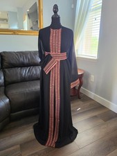 Embroidered Tatreez Black Abaya Thobe Palestinian Kaftan with Belt 2 Pieces