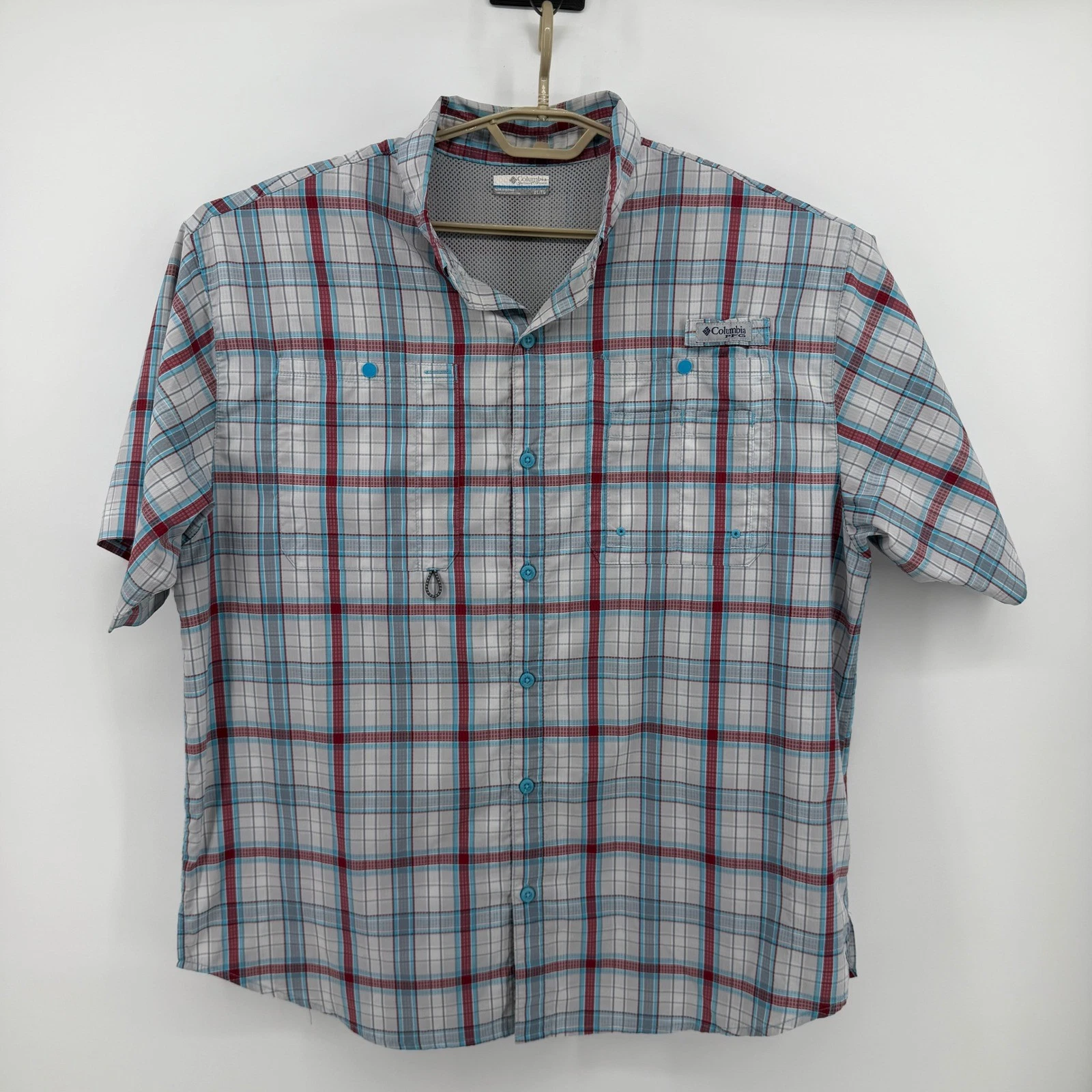 Columbia PFG Mens XL Plaid Short Sleeve Fishing Shirt Red Blue XM7448 Omni-Shade
