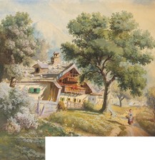 S. FRANK (19.Jhd), Alpenländischer Bauernhof, Gouache Realismus Landschaft