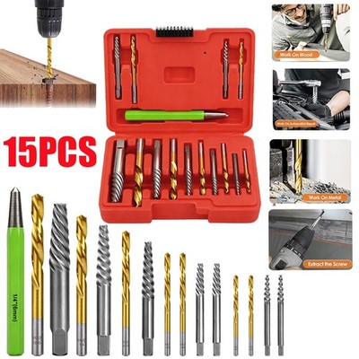 15x Screws Bolt Extractor Set W/ Reverse Drill Bit Ez Out Stripped Screw Nut Set