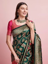 Banarasi Silk Saree  Green  Printed Indian Pakistani Designer Wedding Sari