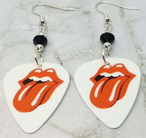 Rolling Stones Emblem White Guitar Pick Earrings with Black Swarovski Crystals - Picture 3 of 4