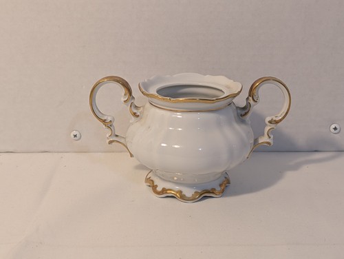 Vtg 1950s Hutschenreuther Selb Bavaria Porcelain Sugar Bowl, Gold Trim. No Lid.