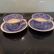 Pair Antique Masons Ironstone Blue & White Vista Pattern Duo, Cup & Saucer