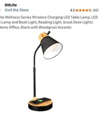 OttLite Wellness Series Wireless Charging LED Table Lamp,Black, Woodgrain,Yellow