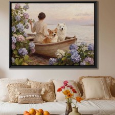 Floral Oil Painting Corgi Canvas Print for Dog Lovers Living Room Wall Art