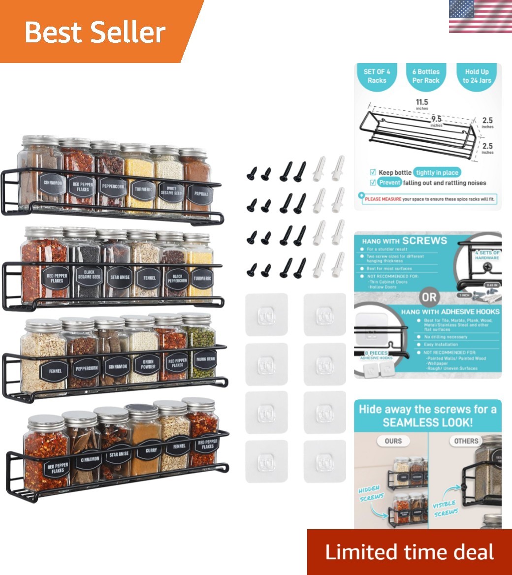 Spice Rack Wall Mounted 4 Tier – Space-Saving Kitchen Spice Organizer for Sea...