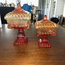 Lot of 2 Vtg Amberina Jeanette Glass Square Pedestal Scalloped Edge Candy Dish 