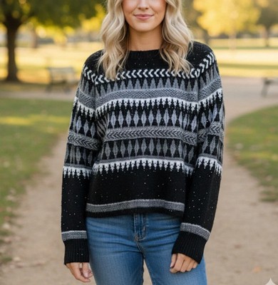 NWT ANA Black & White Fair Isle Sweater Pullover XL Cozy Cottage Core GORP