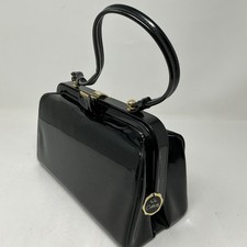 Vintage Black Patent Leather Top Handle Frame Handbag Kiss Lock Purse 50s 60s