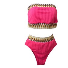New Bikini Set Pink High Waisted With Zigzag Print Contrast Color-Size L Bandeau