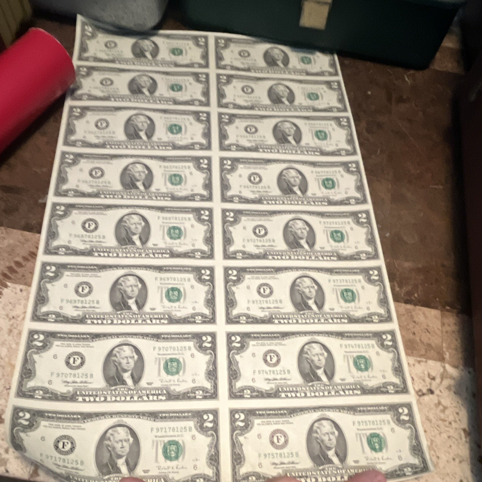 1995 U.S. $2 Two Dollar Bills Uncut Sheet 16 Notes - original tube