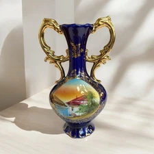 Vintage Pereira Valado 1101 Cobalt Blue Hand Painted Double Handled Vase