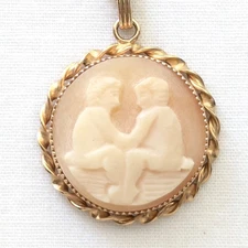 Gemini Twins Cameo Pendant Necklace Gold Filled Victorian Revival Jewelry 21”