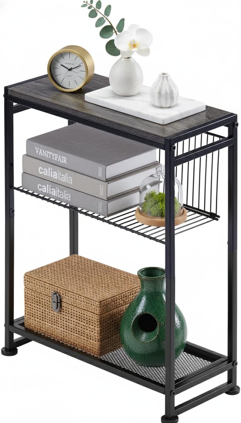 Slim Grey Side Table with Magazine Holder - Narrow End Table for Small Spaces