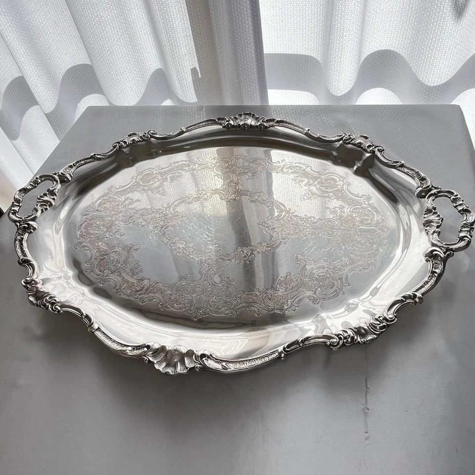 Gorham chapado en plata 26' tamaño grande bandeja mango carcasa y rocaille diseñado Foto 3 de 4