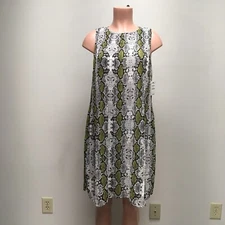 Halogen Womens Ivory and Green Snake Print Pleated Sleeveless Shift Dress M New