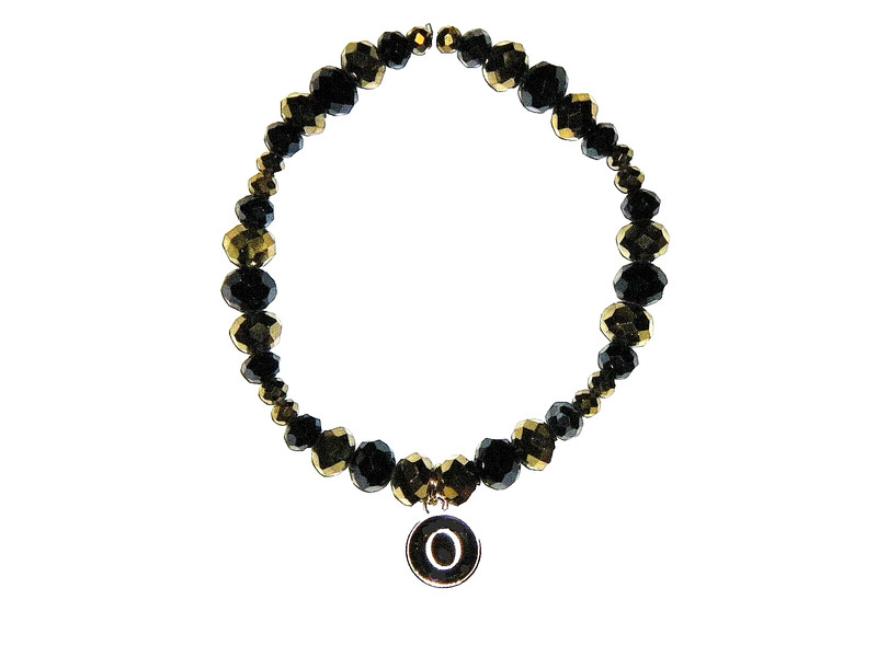 INITIAL "O" CHARM (BLACK) BEADED BRACELET (7 7/8"):  HAND-MADE JEWELRY BY T.L.C.