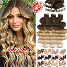 US Thick Tape in Remy Real Human Hair Extensions Skin Weft 150G Full Head Wavy D
