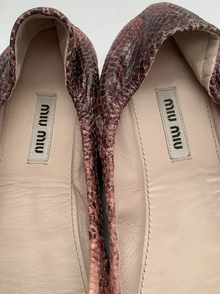Miu Miu Brown Pink Leather Python Embossed Ombre Ballet Flats w/ Bow Size 37 - Image 4 of 4