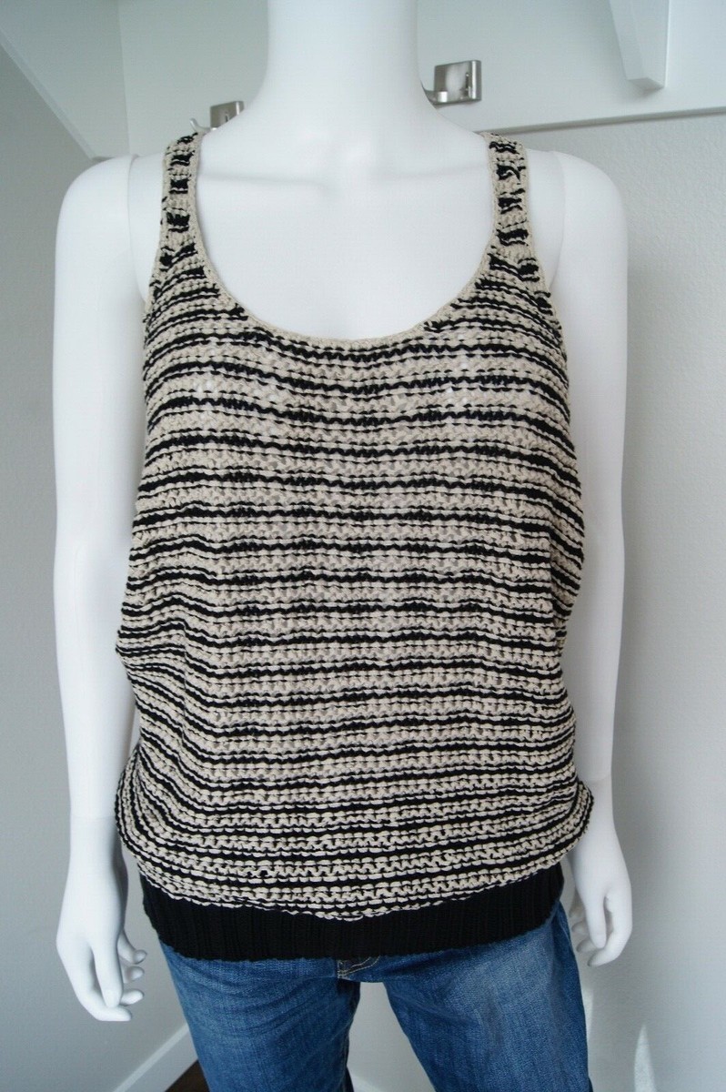 MODA International Beige Black Striped Open Knit Sweater Tank Top