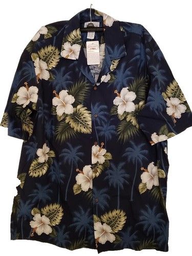 Pacific Legend Apparel Mens 2XL Hawaiian Shirt Blue White Hibiscus