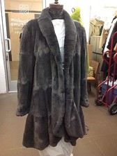 Exquisite Swing Sheared Mink Muskrat Designer Coat Olive Green, Flounce Bottom